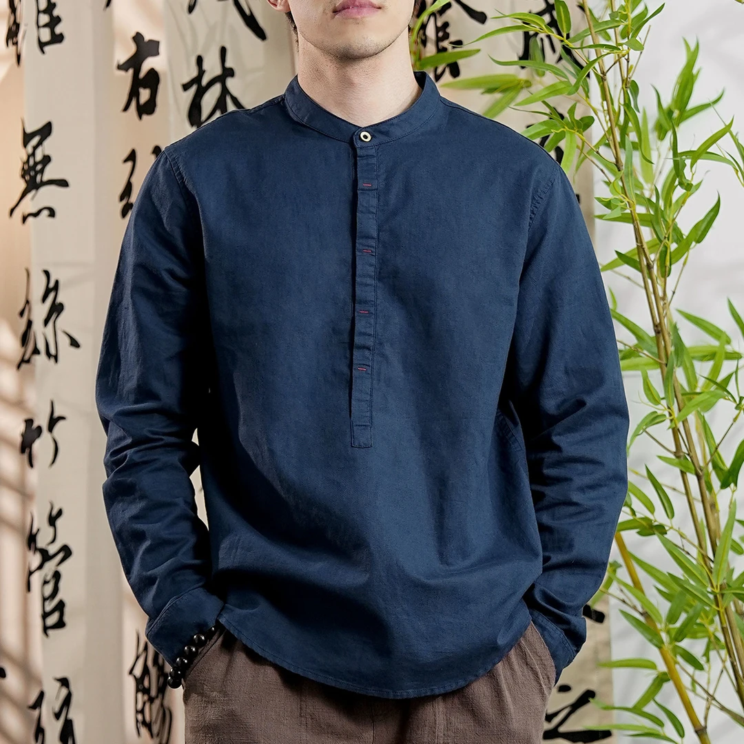 秋至男士长袖亚麻衬衫新中式纯色立领休闲套头青年棉麻简约衬衣