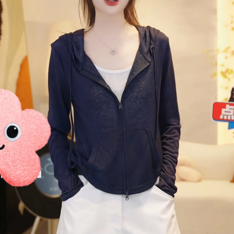 2025新款假两件连帽拉链防晒衣女士夏季长袖卫衣修身短款外套开衫