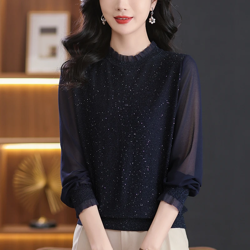 蕾丝打底衫女秋装2025新款大码女装针织衫宽松显瘦百搭春秋款上衣