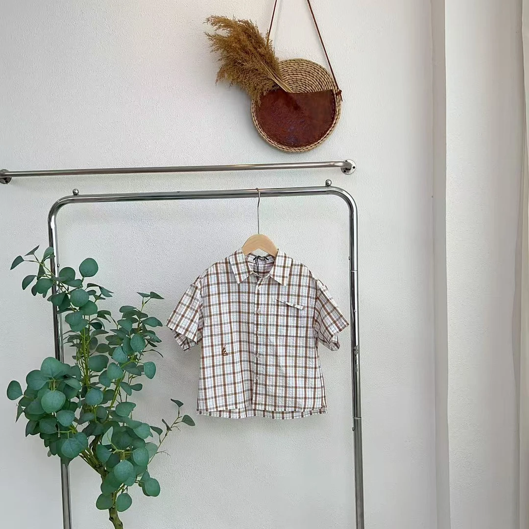 0253糯咖白格短袖衬衫