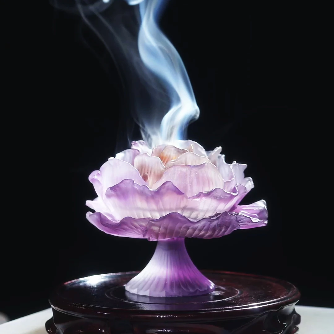 一脉香传【琉璃紫牡丹香炉】非遗古法手工琉璃精雕制作中式熏香香炉