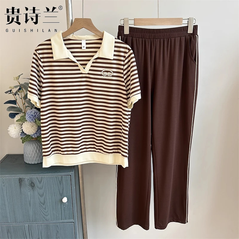 气质妈妈夏装2025新款洋气条纹套装中老年女夏季年轻时尚小衫t恤