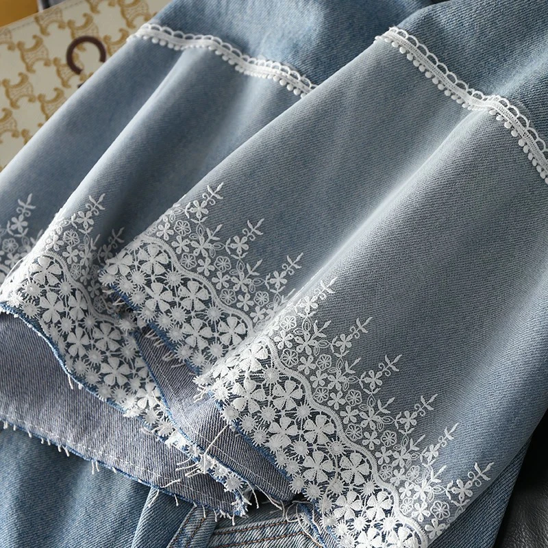 【庄玥·李】秋季小众设计脚口拼蕾丝花边显瘦高腰阔腿牛仔裤