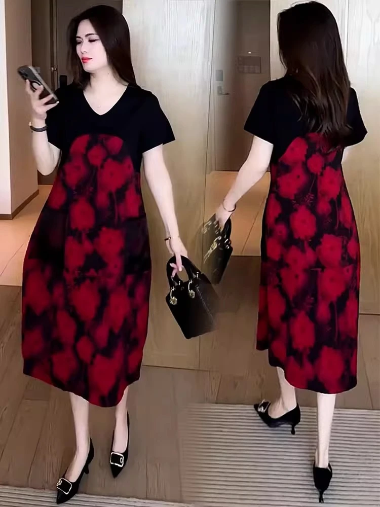 时尚洋气连衣裙女夏季新款洋气质宽松大码拼接花色中长款显瘦裙子