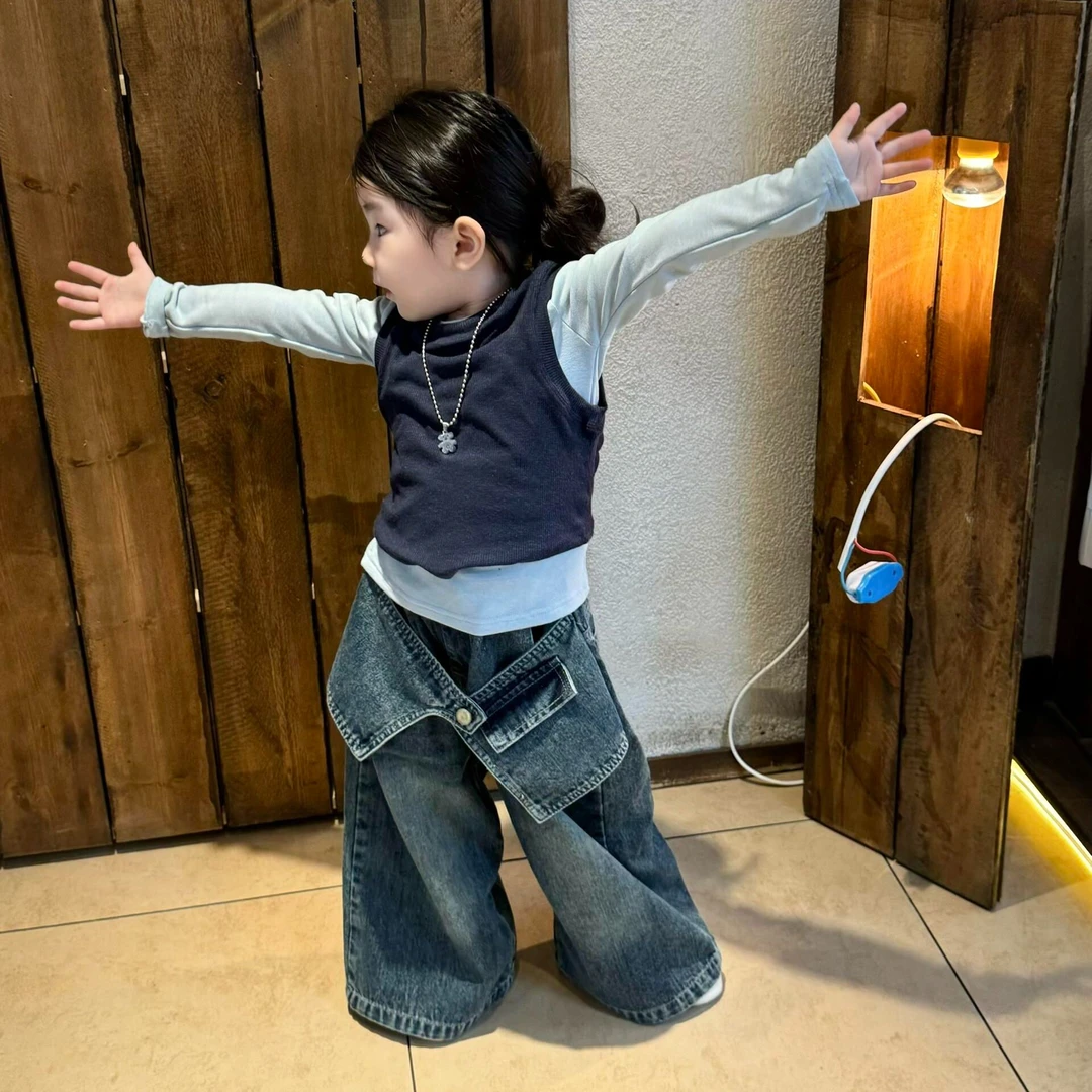 壹妈童装韩范女童时尚套装2025秋冬新款洋气儿童假两件上衣牛仔裤