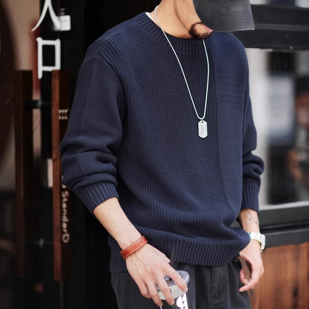 秋冬复古毛衣男美式宽松潮牌圆领休闲男士慵懒风针织衫上衣男外套