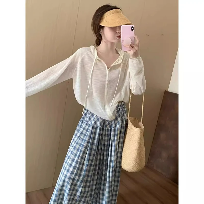 韩版拉链连帽防晒罩衫2025夏季新款宽松慵懒风白色针织衫长袖上衣