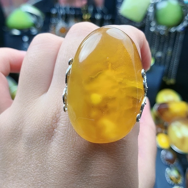 琥珀裸石银S925镶嵌戒指
