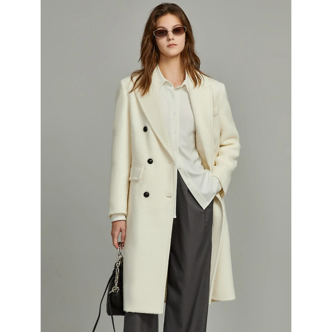 【邱莹莹专享】女士通勤翻领气质白色中长款毛呢外套EN36106