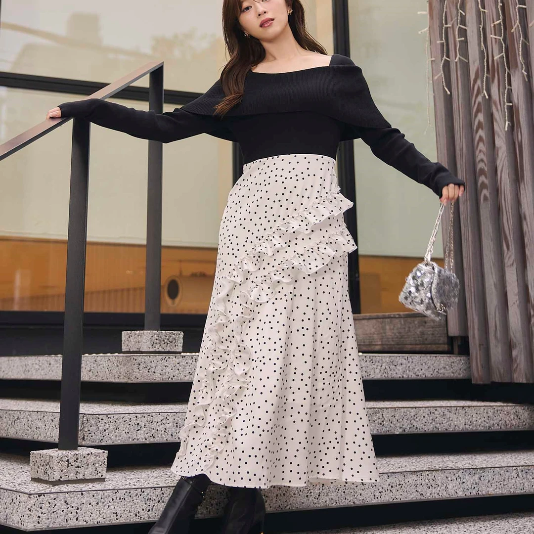 日单贵牌  荷叶边针织拼接 连衣裙9L