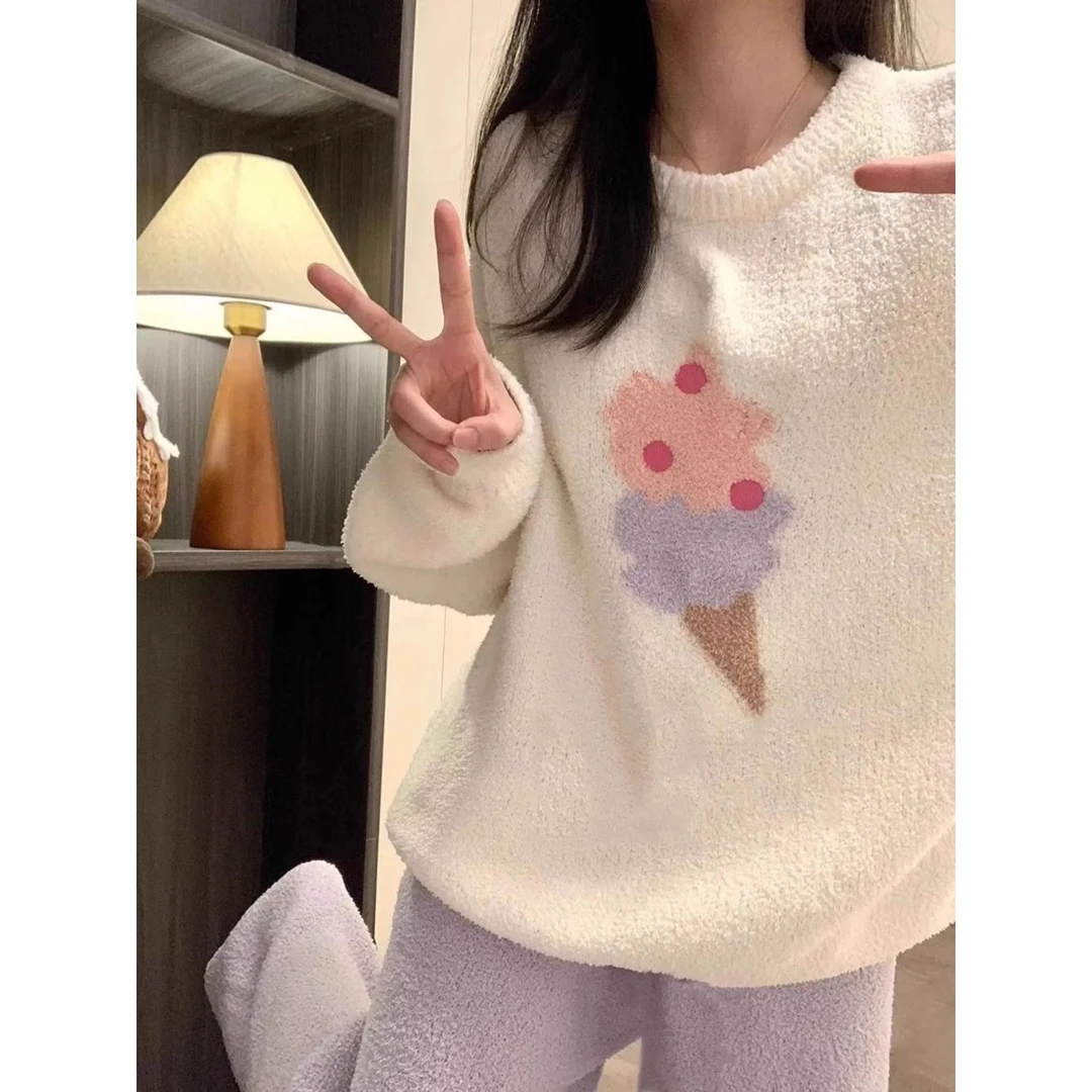 冬季半边绒睡衣女保暖加厚珊瑚绒长袖圆领甜美宽松家居服套装外穿