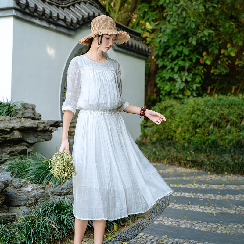2025春夏新款100支细腻肌理感苎麻宽松飘逸可收腰宽松大摆连衣裙