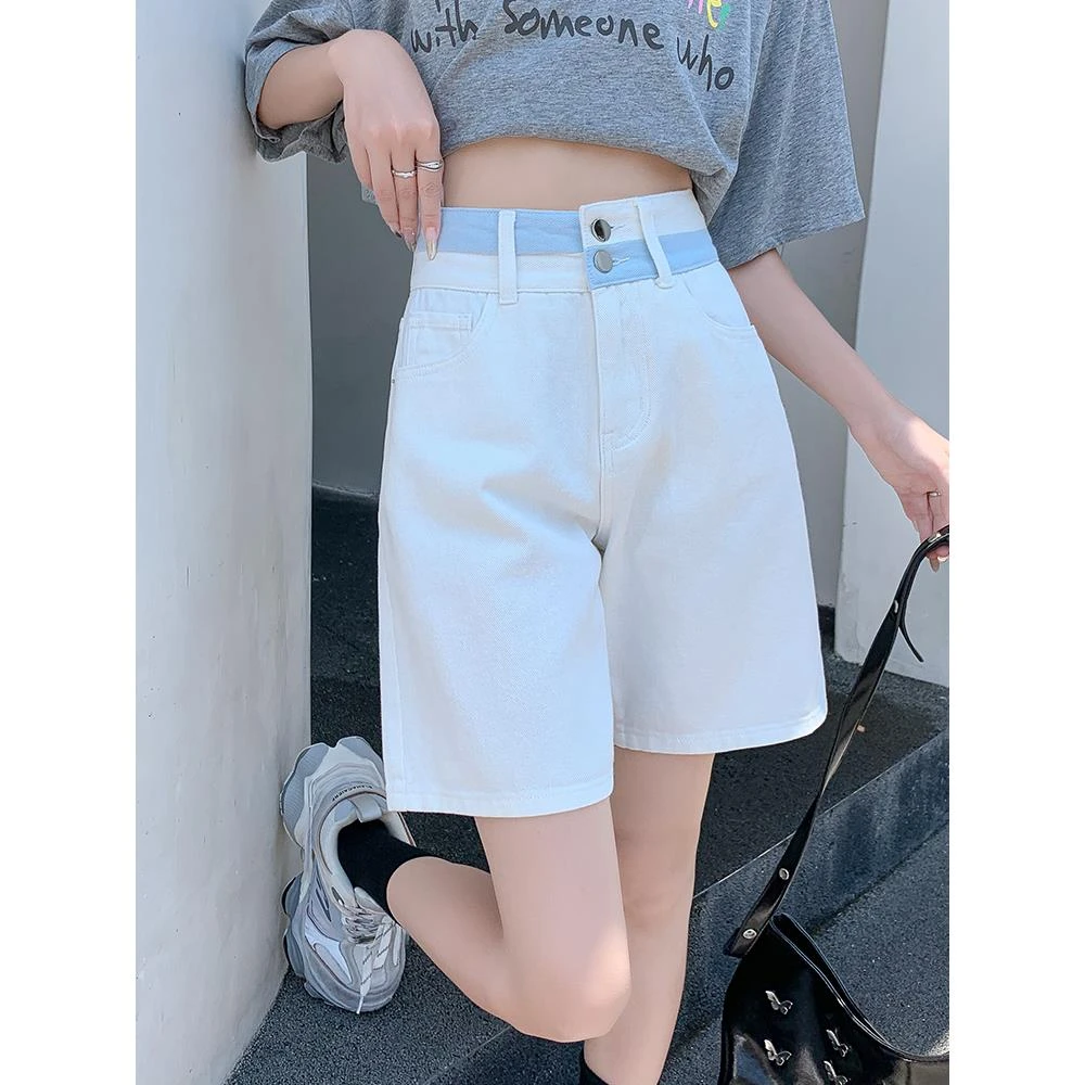 白色阔腿牛仔短裤女夏季2025新款小个子高腰显瘦设计感a字五分裤