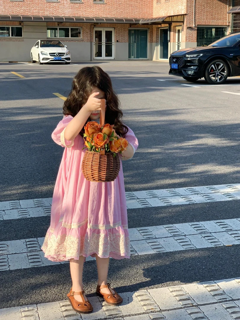 2025春装女童粉色甜美蕾丝边泡泡短袖公主裙宽松大裙摆重工连衣裙