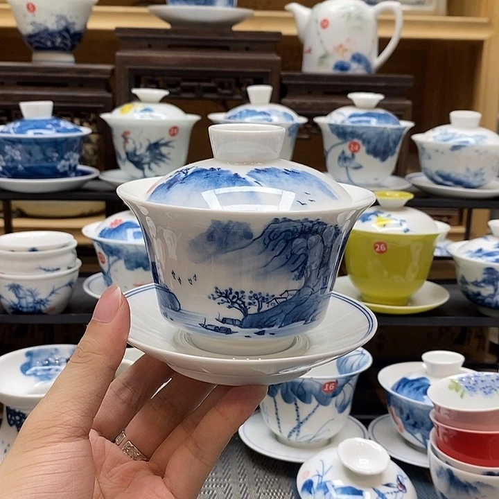 手绘烟雨江南260盖碗釉下彩高温瓷微瑕福利款