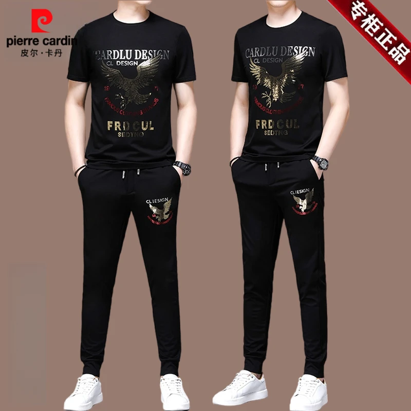 皮尔卡丹名牌高端轻奢套装男夏季冰丝圆领短袖男士运动休闲两件套