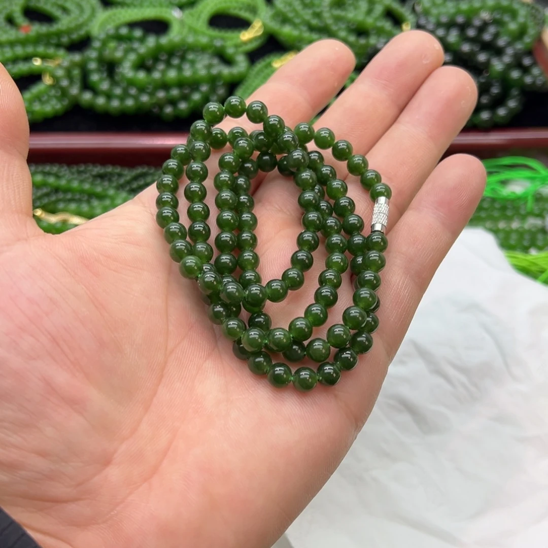 和田玉（碧玉）未镶嵌颈饰卡6 菠菜 微黑 108颗