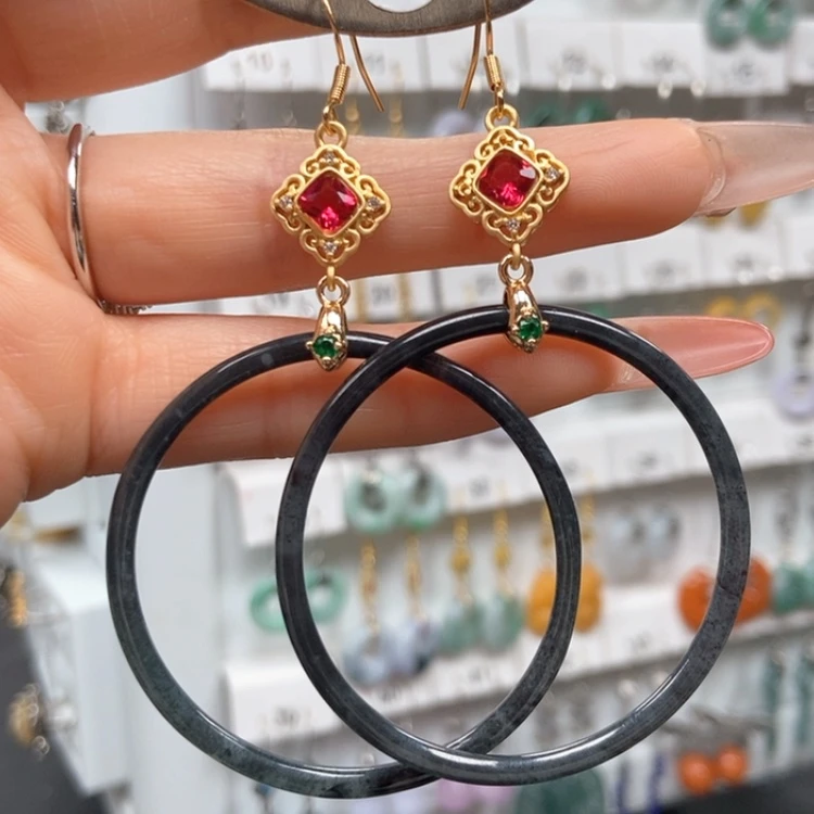 【闪购商品】翡翠耳饰银S925镀金镶嵌