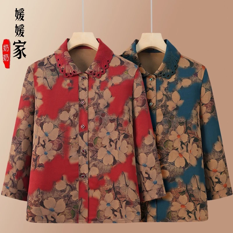 中老年人春装女长袖宽松衬衫妈妈春季上衣服太太印花奶奶婆婆衬衣