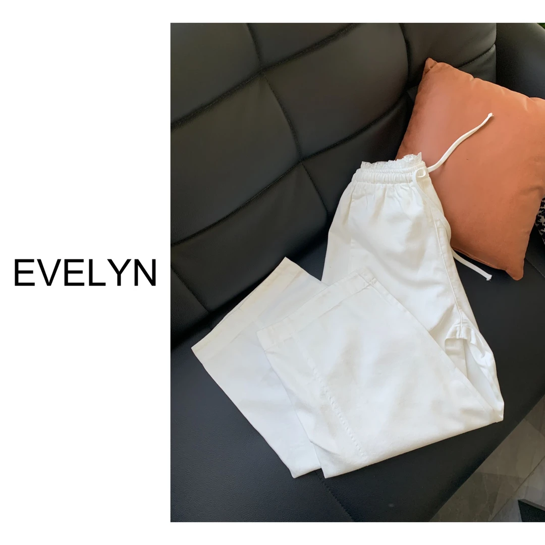 依芙琳2025春夏新款白裤子蕾丝边休闲宽松白色直筒女裤