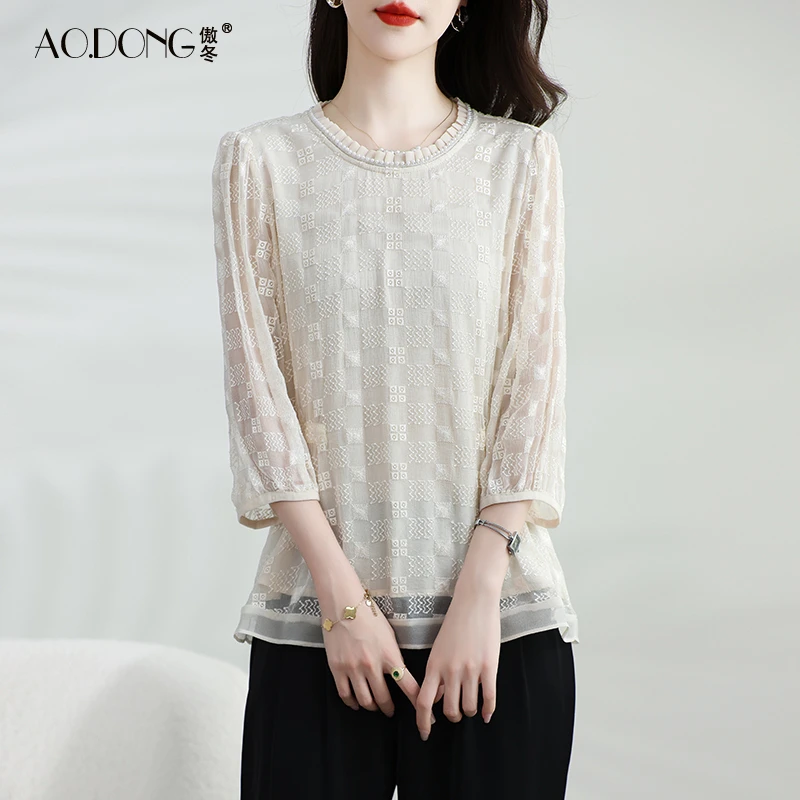 2025新款杭州高端真丝上衣女妈妈气质修身桑蚕丝T恤优雅刺绣夏季