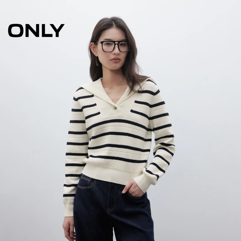 ONLY秋冬航海系落肩长袖翻领条纹针织衫休闲女拍照必备|125313033