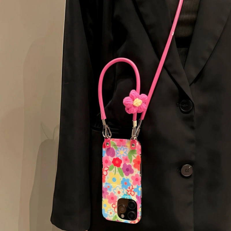 多巴胺彩色花朵适用iPhone16promax手机壳带链条苹果15斜挎14女13