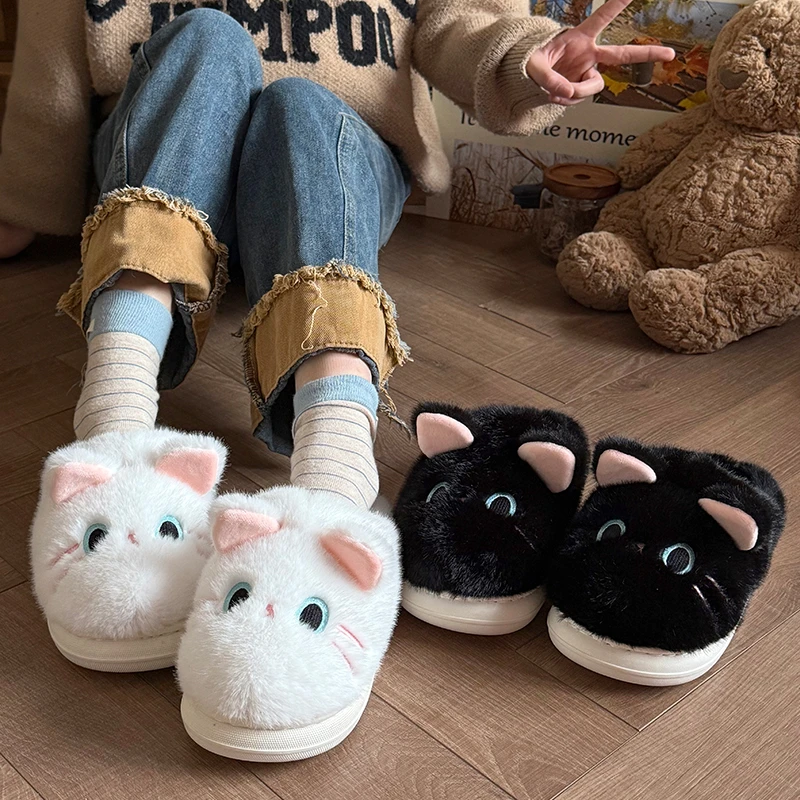 启布熊冬季厚底防滑可爱卡通猫咪毛茸茸保暖棉拖