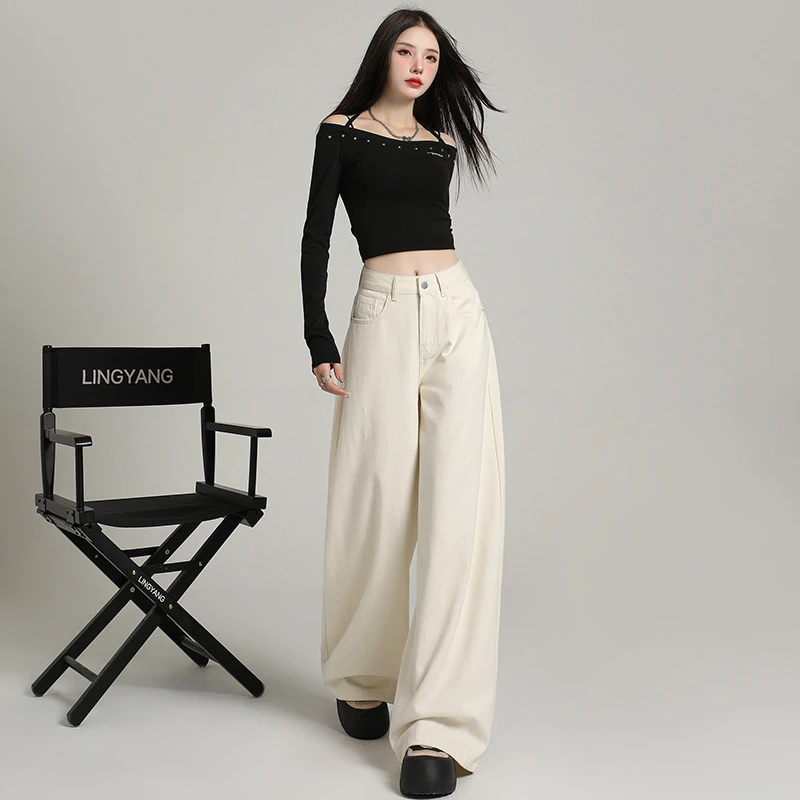 白色裤子慵懒阔腿牛仔裤女韩版新款宽松显瘦高腰直筒垂感拖地裤