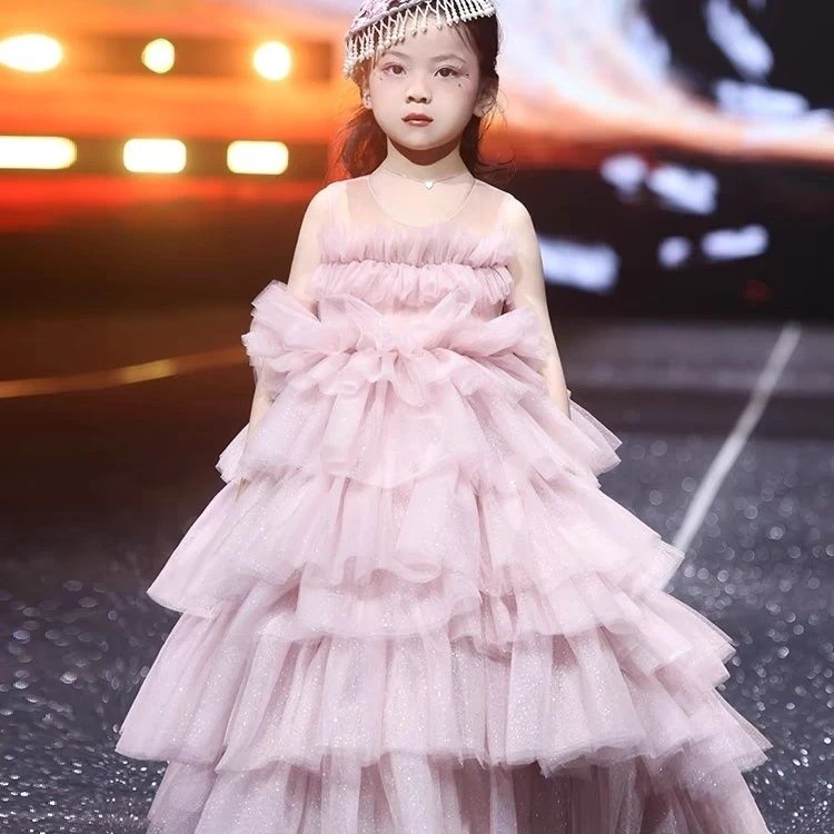 女童高端拖尾礼服主持走秀钢琴演出礼服婚礼花童公主裙蛋糕裙