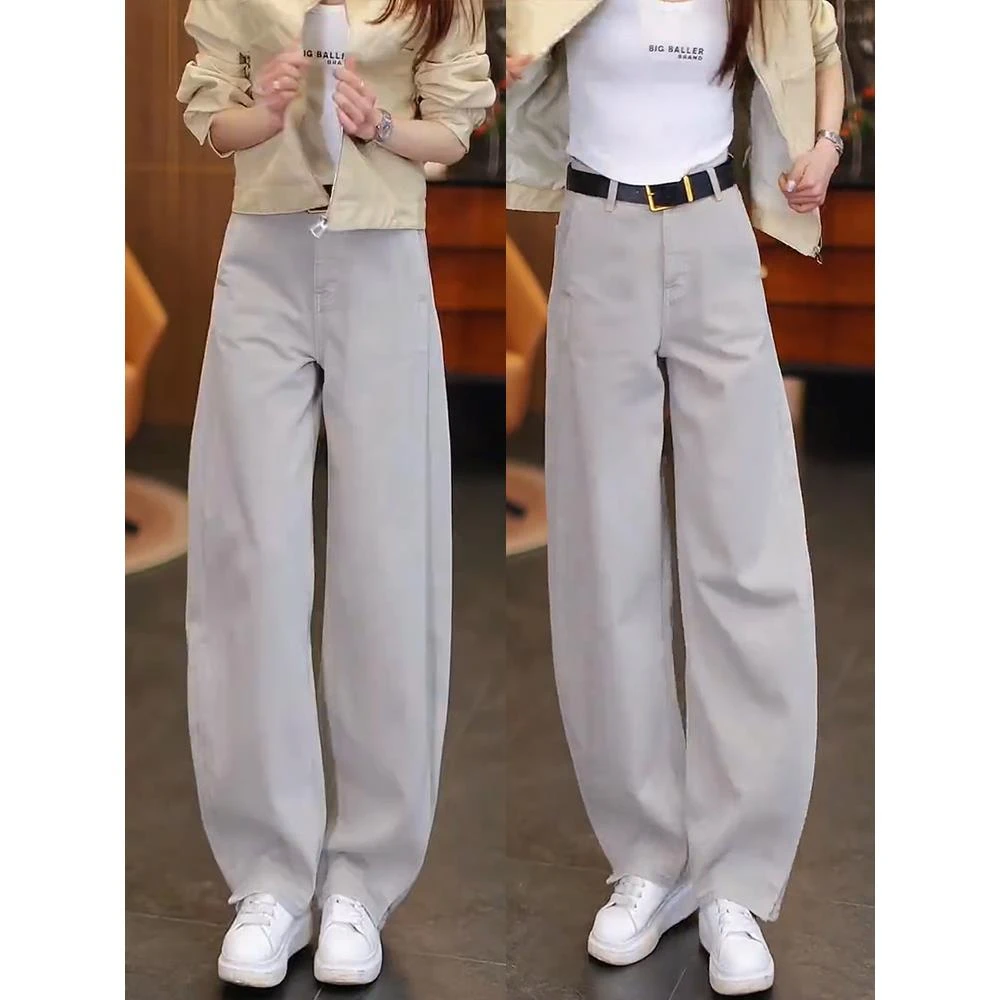 莫兰迪灰牛仔裤女2025秋季新款阔腿裤高腰垂感宽松休闲百搭弯刀裤
