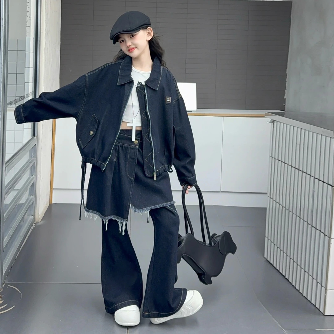 【嘻嘻柚】女童2025秋装韩版时尚牛仔开衫外套屁帘牛仔喇叭裤三件套