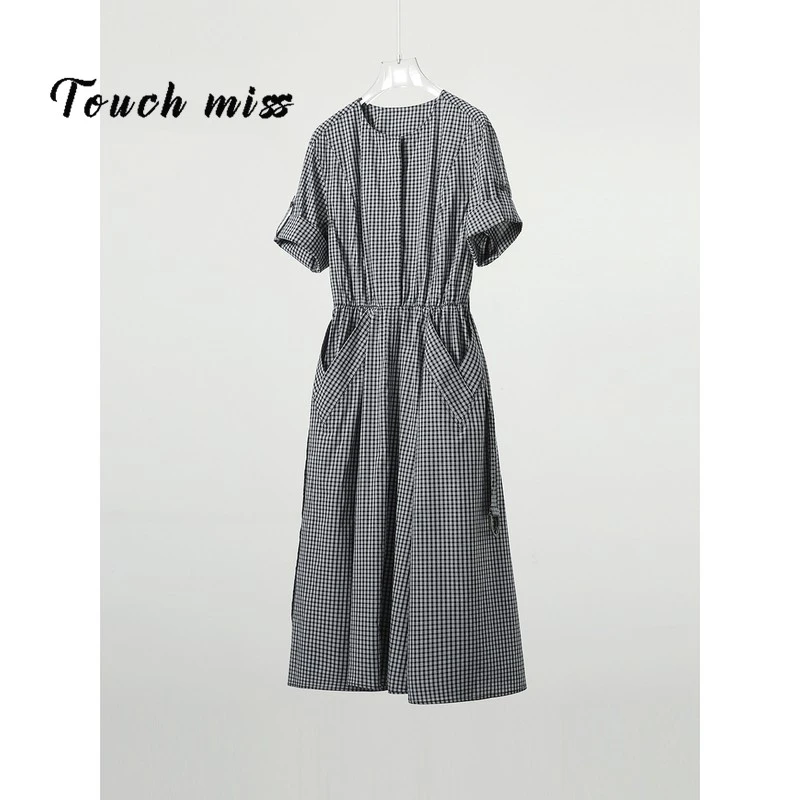 TOUCH MISS维希格调气质通勤撞色文艺格子优质棉圆领连衣裙