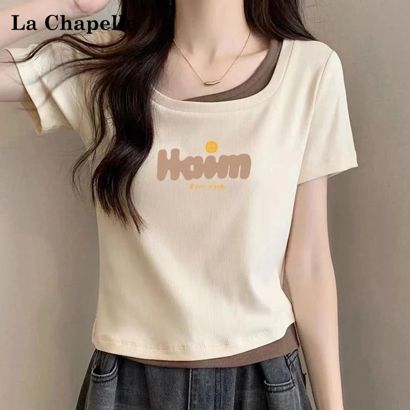 拉夏贝尔棉质大码胖mm纯欲风辣妹修身显瘦短袖t恤女士夏季假两件