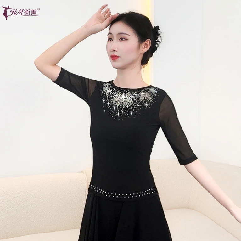 现代舞新款时尚圆领拼接贴钻修身显瘦上衣女中袖中国古典形体舞服