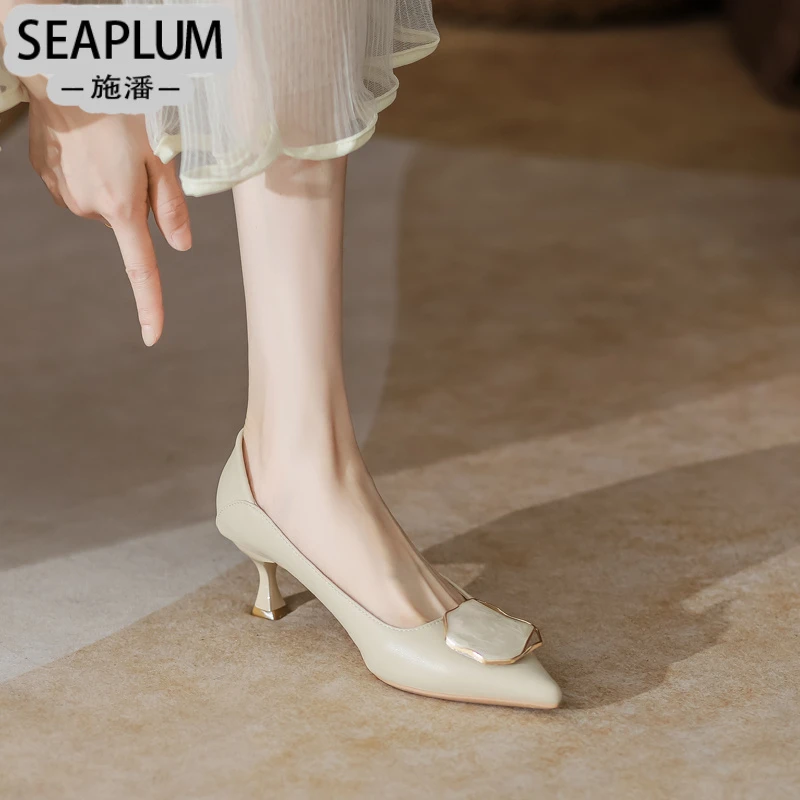 SEAPLUM真皮百搭中跟水钻细跟高跟鞋女2025年新款黑色白色气质