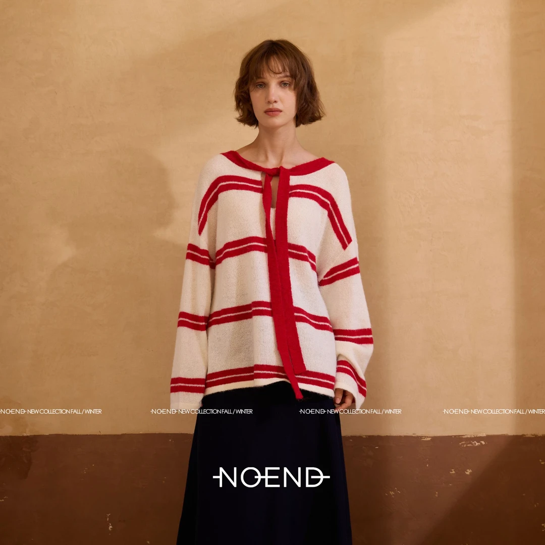 NOEND【前后两穿】绵羊毛马海毛撞色条纹针织衫 飘带慵懒宽松针织衫