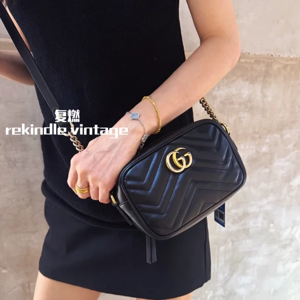 95新 GUCCI/古驰 复燃精选/黑金相机斜挎包