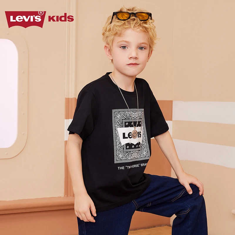 Levi's李维斯男女童T恤痞帅潮炸街童装短袖夏季大童文字黑色上衣