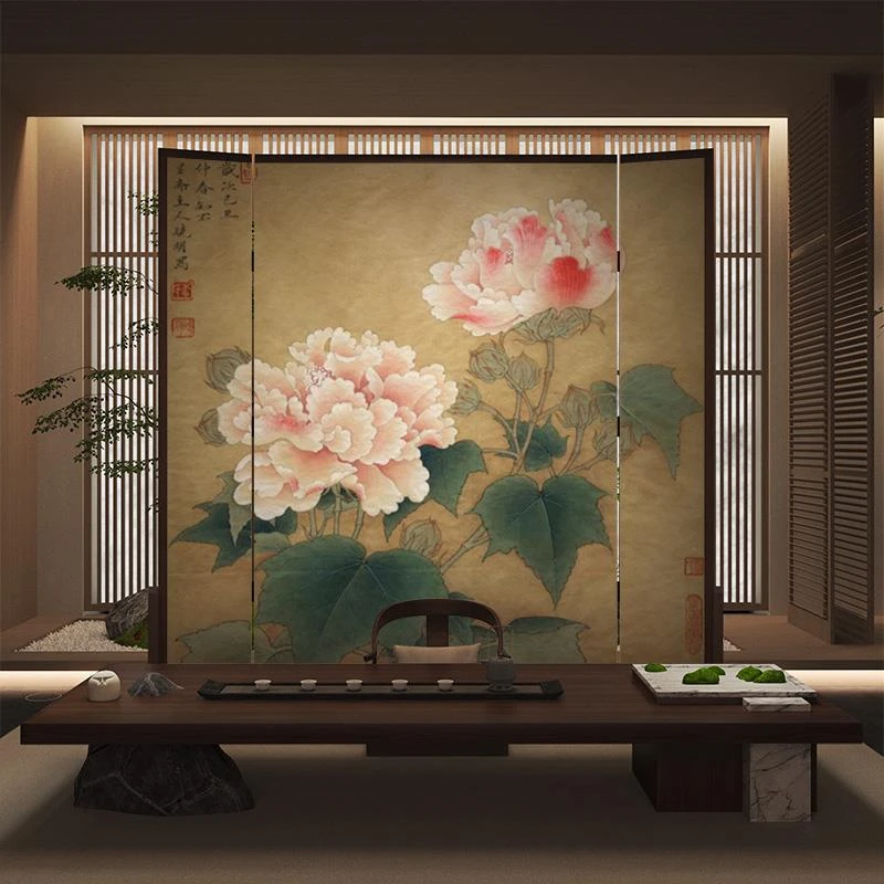 宋式美学古典中式折叠屏风隔断客餐厅卧室玄关茶室红白芙蓉图座屏