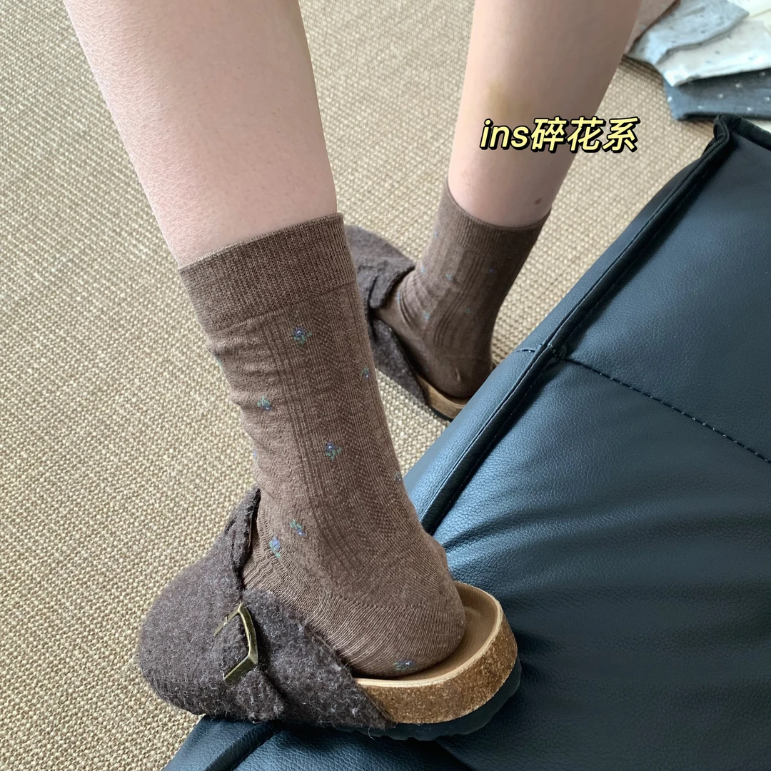 秋冬新款温柔小碎花袜子女士中筒袜ins风百搭堆堆袜长筒袜日系T