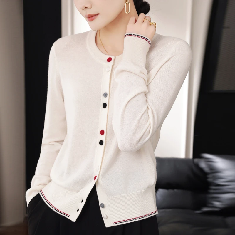 精纺30羊毛圆领长袖开衫彩扣设计薄款外搭百搭上衣打底内搭