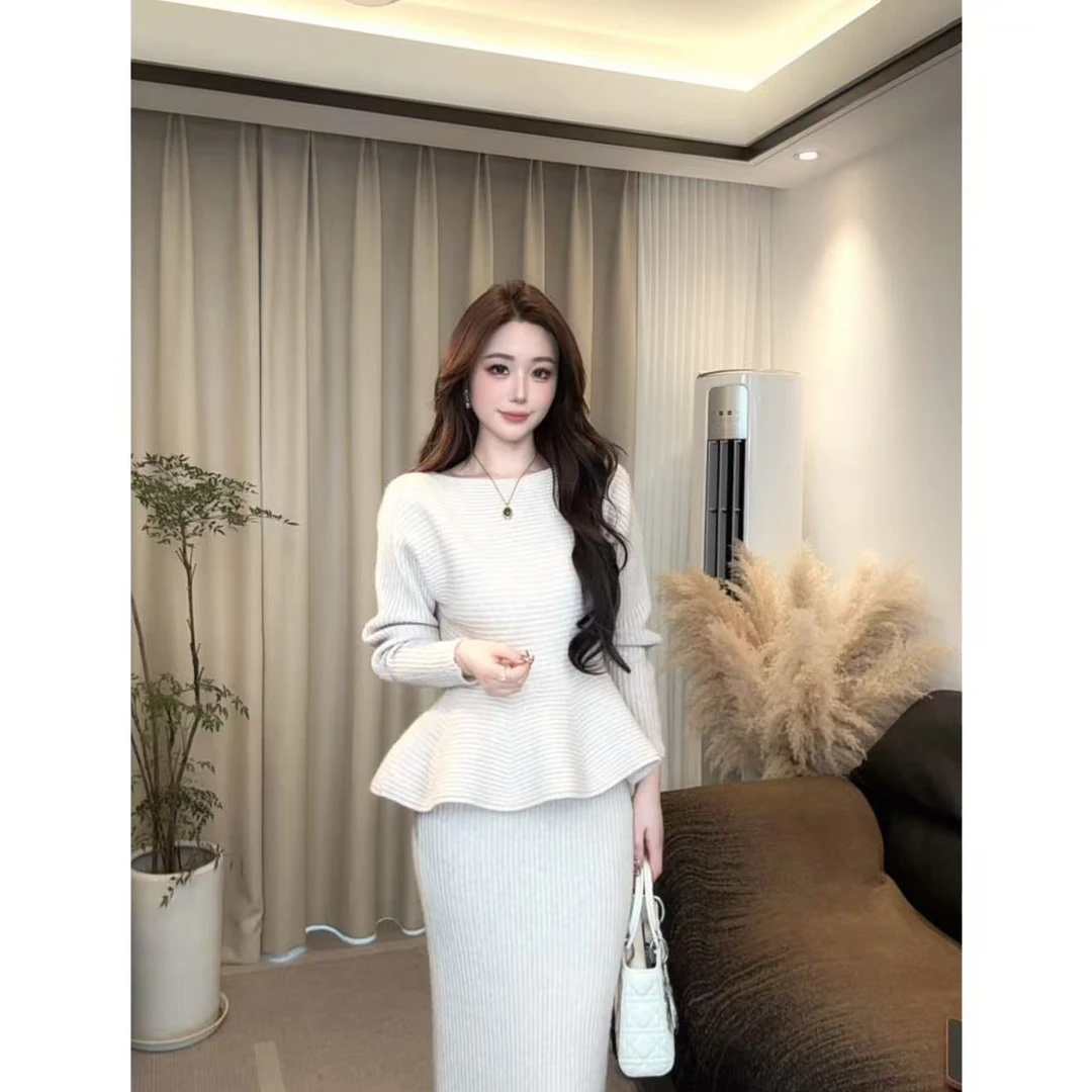 新款复古收腰针织上衣高腰鱼尾裙气质套装