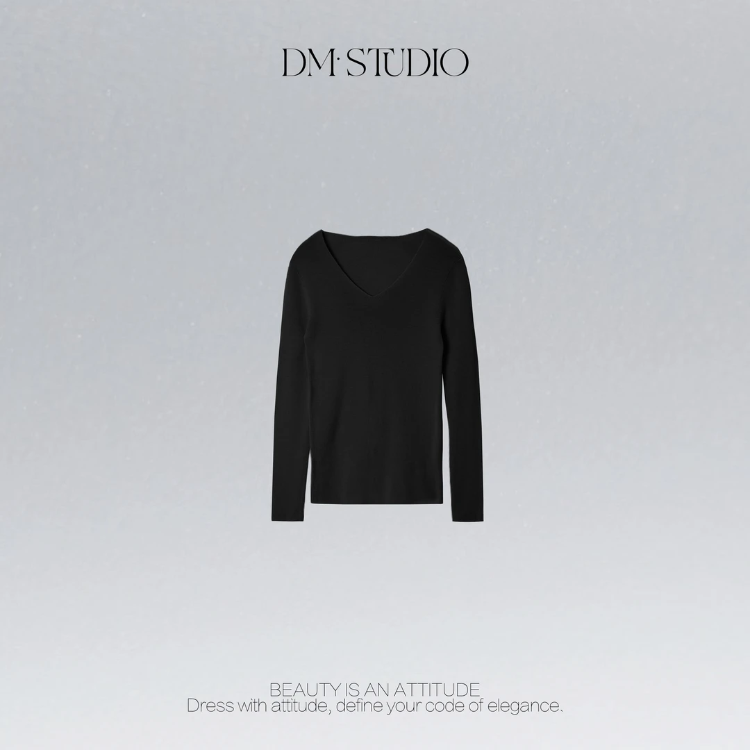 DEDM•STUDIO/气质减龄100%羊毛扬子纱V领长袖打底上衣2506MY/857