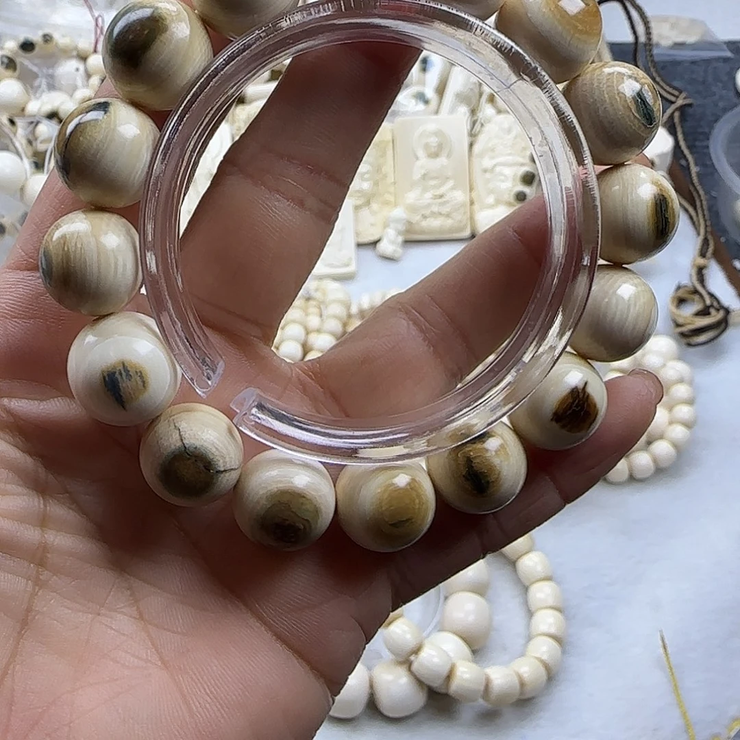 其他猛犸象牙@***海天然保真猛犸牙圆珠蓝眼睛瑕疵珠不退换