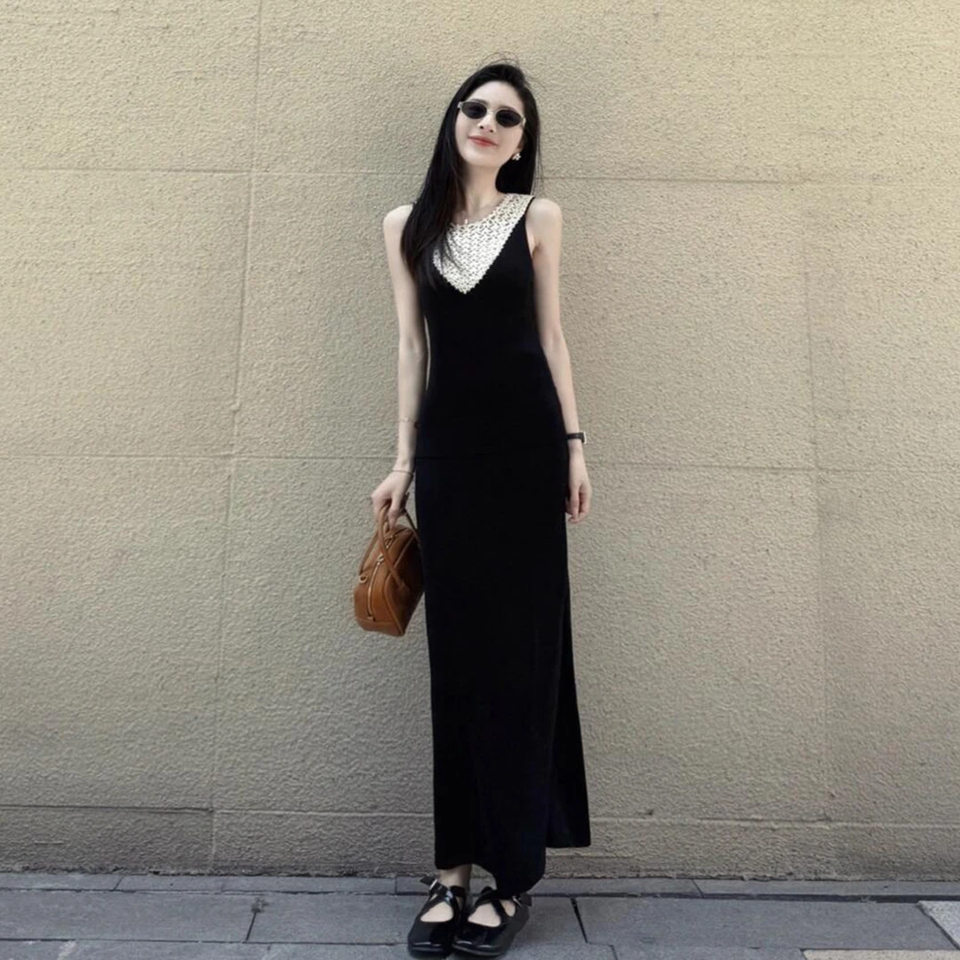 法式纯欲风蕾丝拼接无袖背心裙女2025夏季新款设计感显瘦开叉长裙