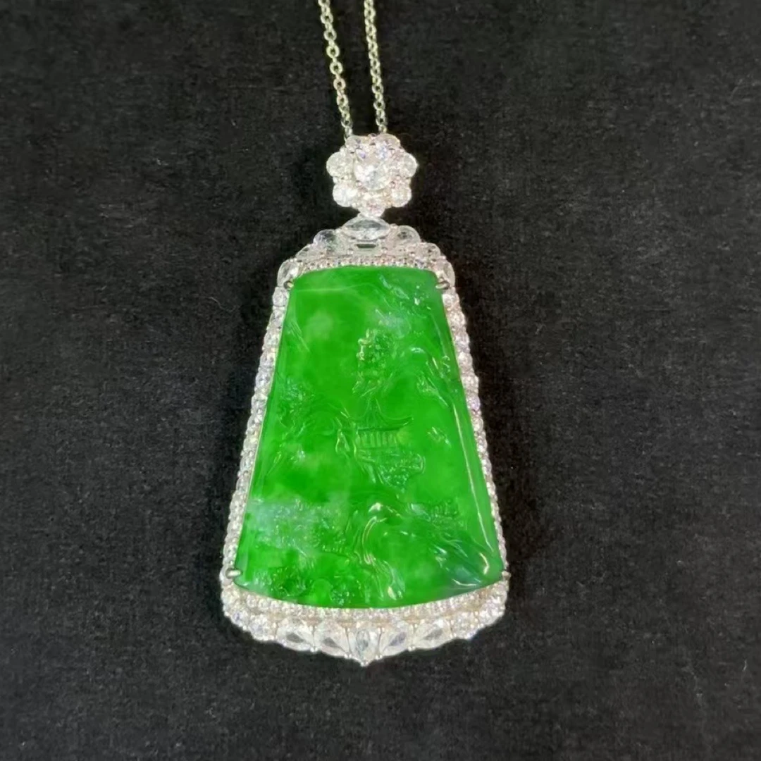 天然翡翠满绿925银镶嵌山水吊坠（不含链）