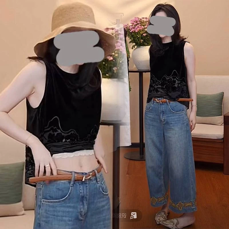 香朵儿时尚新款韩版时尚套装女小众设计感T恤配深色牛仔裤两件套