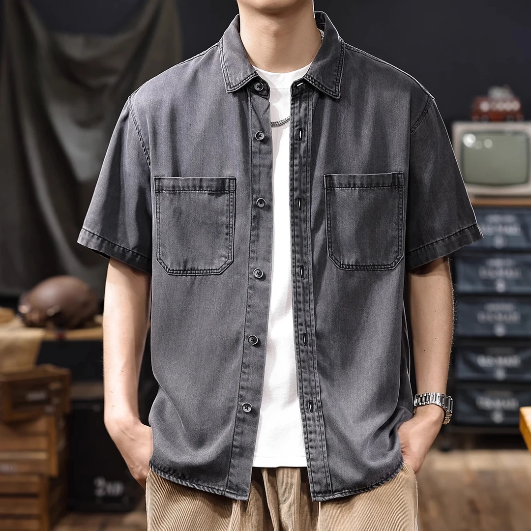 新款薄款莱赛尔水洗牛仔短袖衬衫男2025夏季美式复古男款工装衬衣