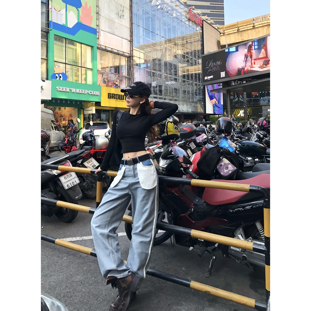 【婉君】早春韩系显瘦休闲大口袋设计感百搭牛仔裤LWJ24B2K797